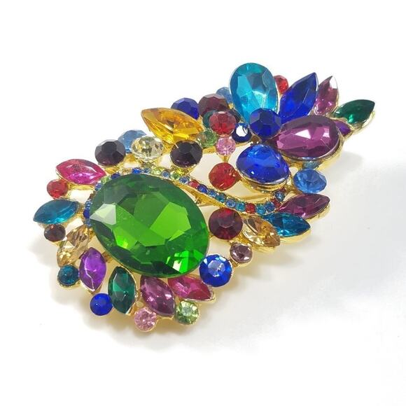 Large Multicolored Rhinestone Gold Tone Brooch, Jewel Colors, 3 Inches - Picture 3 of 5